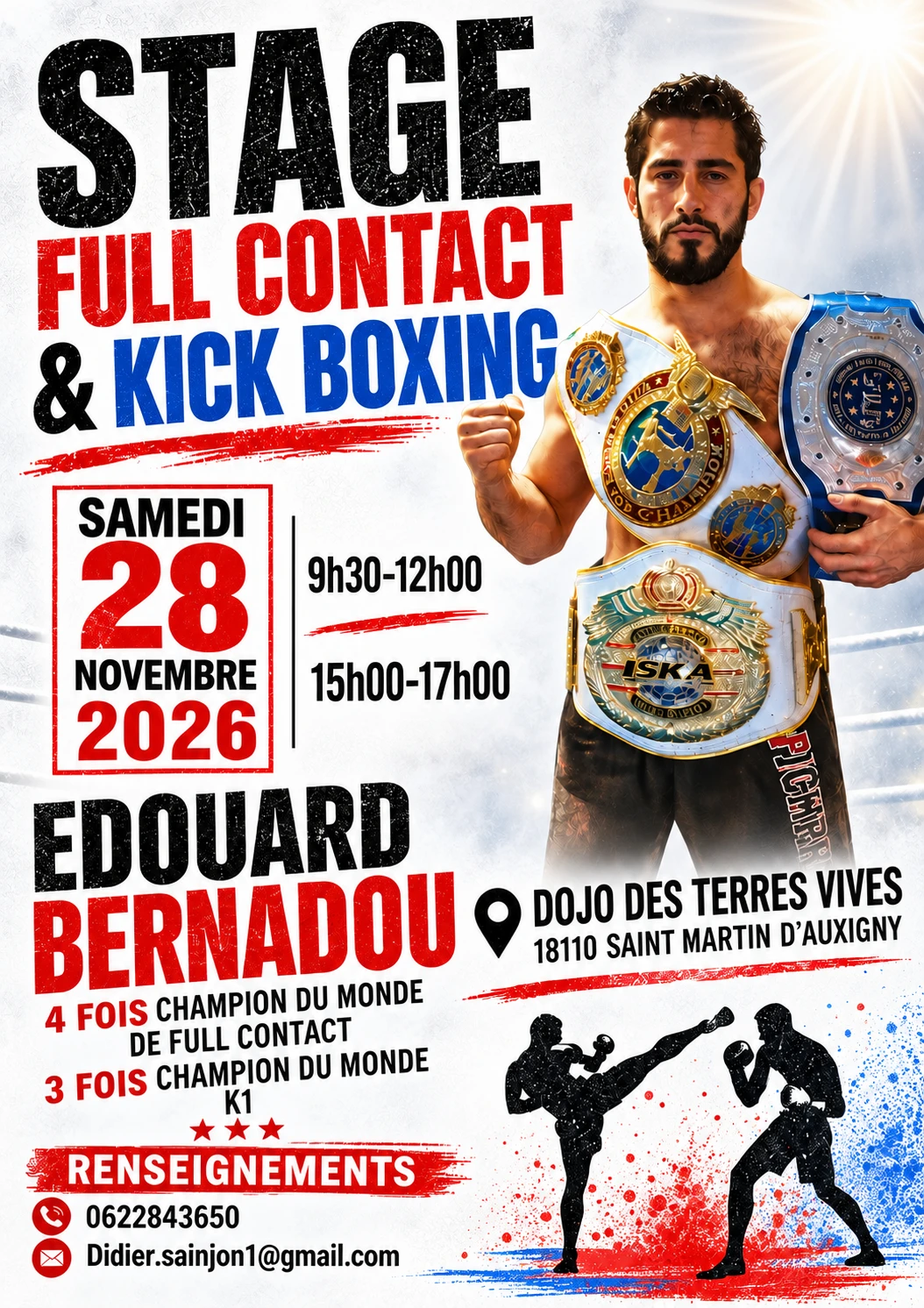 Affiche du stage de full contact et kick boxing du 28 novembre 2026 avec Edouard Bernadou